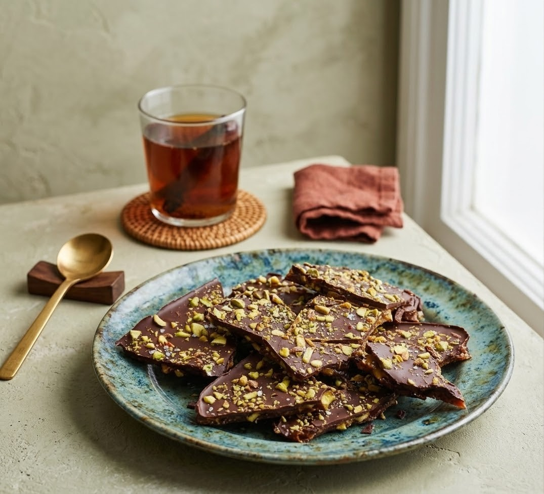 Date bark shards with chocolate and pistachios