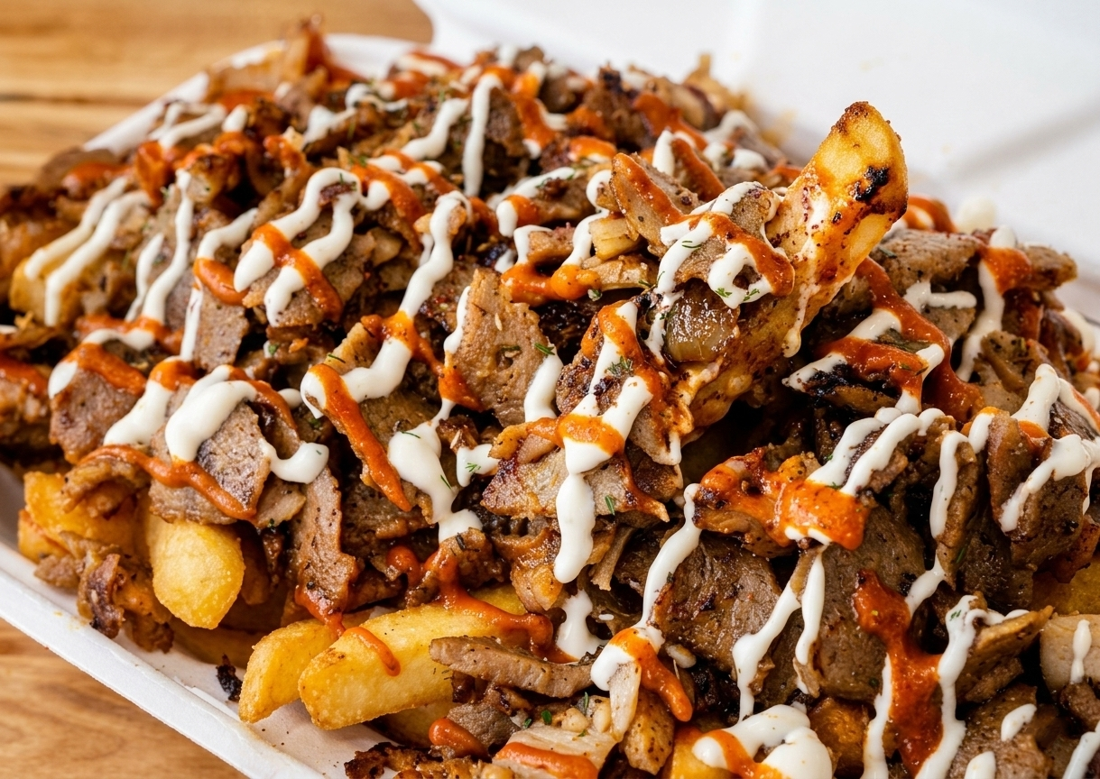 Halal snack pack with fries, doner meat, cheese and sauces