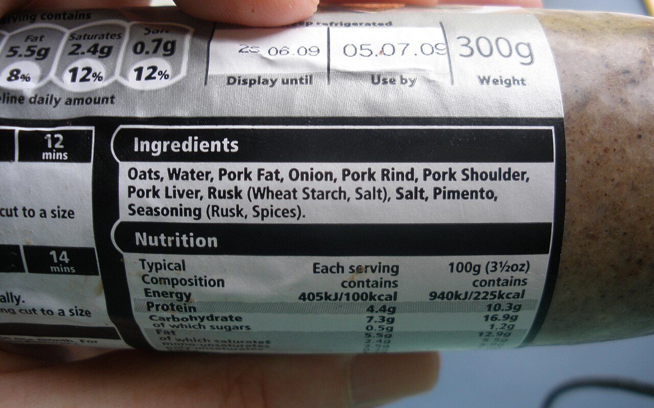 An ingredients label that lists pork fat, pork rind, pork shoulder and pork liver