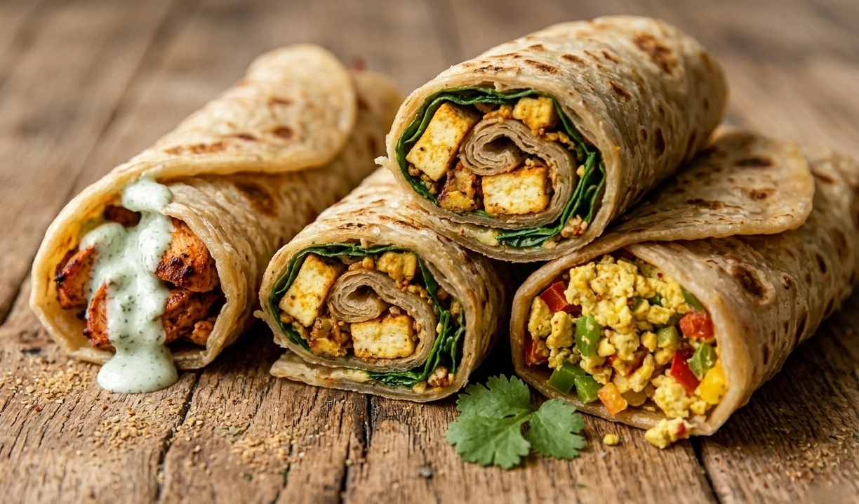 Paratha roll-up with chicken and cheese