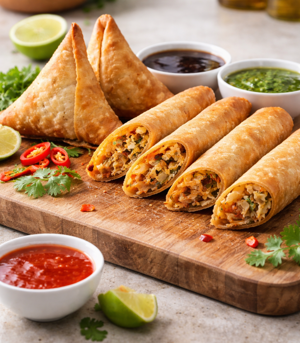Samosas and spring rolls