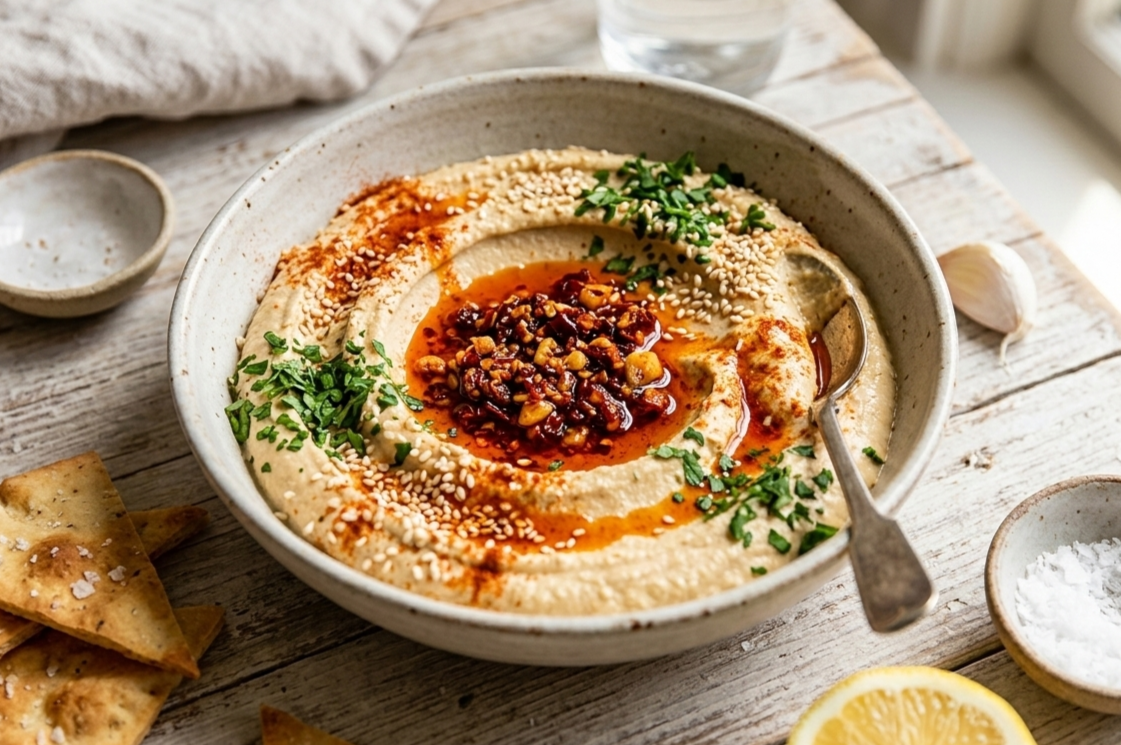 Spicy chili crunch hummus with pita