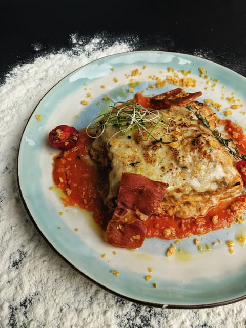A baked lasagna portion