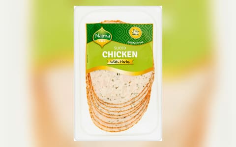 A pack of Najma Sliced Chicken with Herbs with a Halal mark