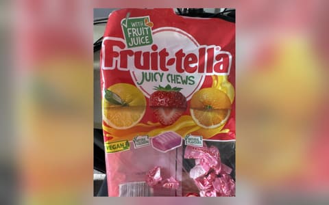 A bag of Fruittella Juicy Chews with fruit juice, marked vegan
