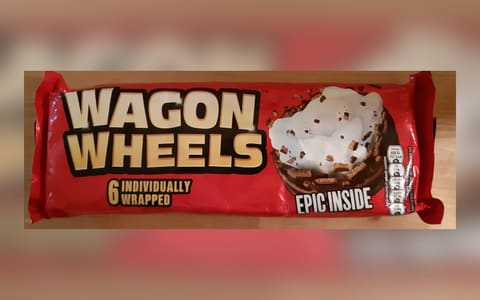 A red pack of six individually wrapped Wagon Wheels