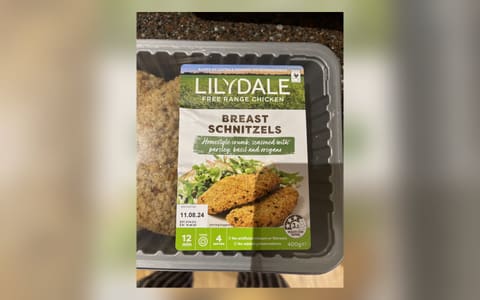 A pack of Lilydale Free Range Chicken Breast Schnitzels in a homestyle crumb
