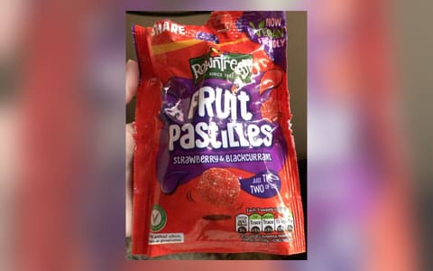 A sharing bag of Rowntree's Fruit Pastilles marked 'now vegan friendly'