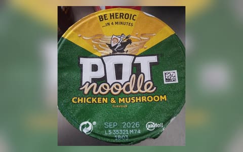 A UK Pot Noodle Chicken & Mushroom pot, lid view