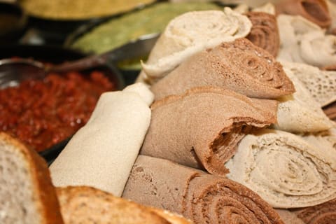 Ethiopian injera flatbread with stews
