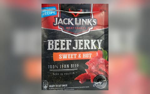 A 40 g pack of Jack Link's Beef Jerky Sweet & Hot, 100% lean beef
