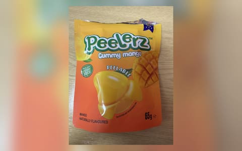 A 65 g pouch of Peelerz Gummy Mango peelable sweets