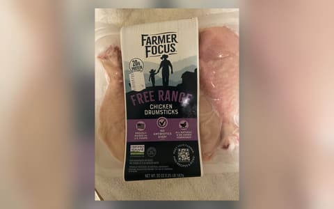 A pack of Farmer Focus free-range chicken drumsticks with a Certified Humane mark and no Halal logo