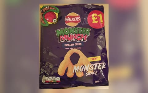 A 60 g bag of Walkers Monster Munch Pickled Onion baked corn snacks