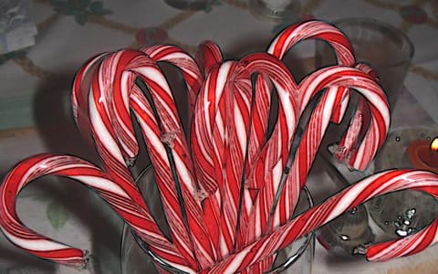 A glass full of red and white striped candy canes