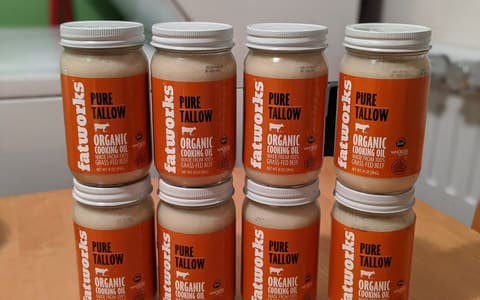 Jars of rendered beef tallow sold as cooking fat