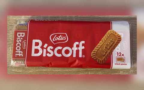 A Lotus Biscoff pack of 12 snack packs of caramelised biscuits