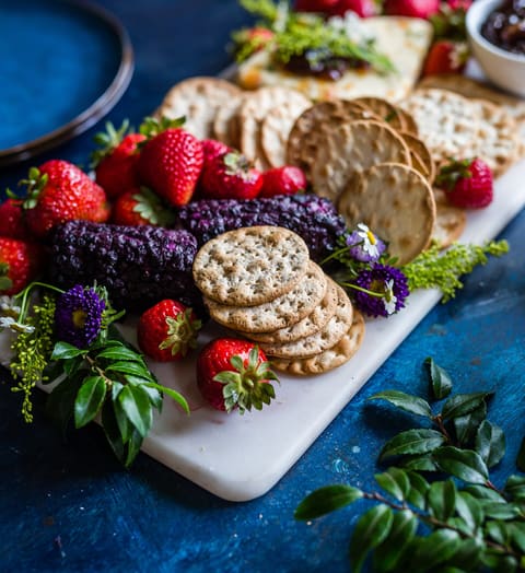 Assorted cheeses on a board